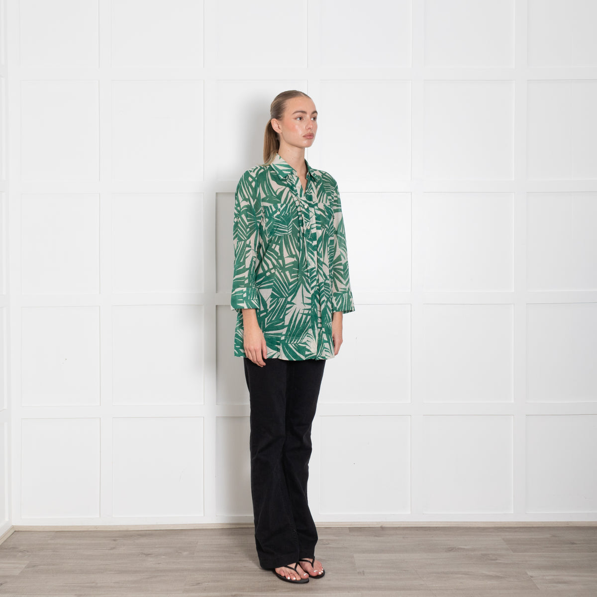 Weekend Max Mara Beige Green Palm Leaf Print Blouse