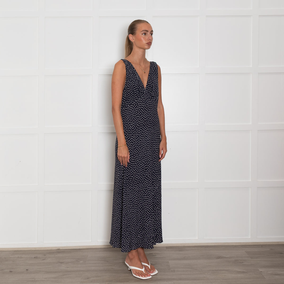 Rixo Navy White Polka Dot Sleeveless Maxi Dress