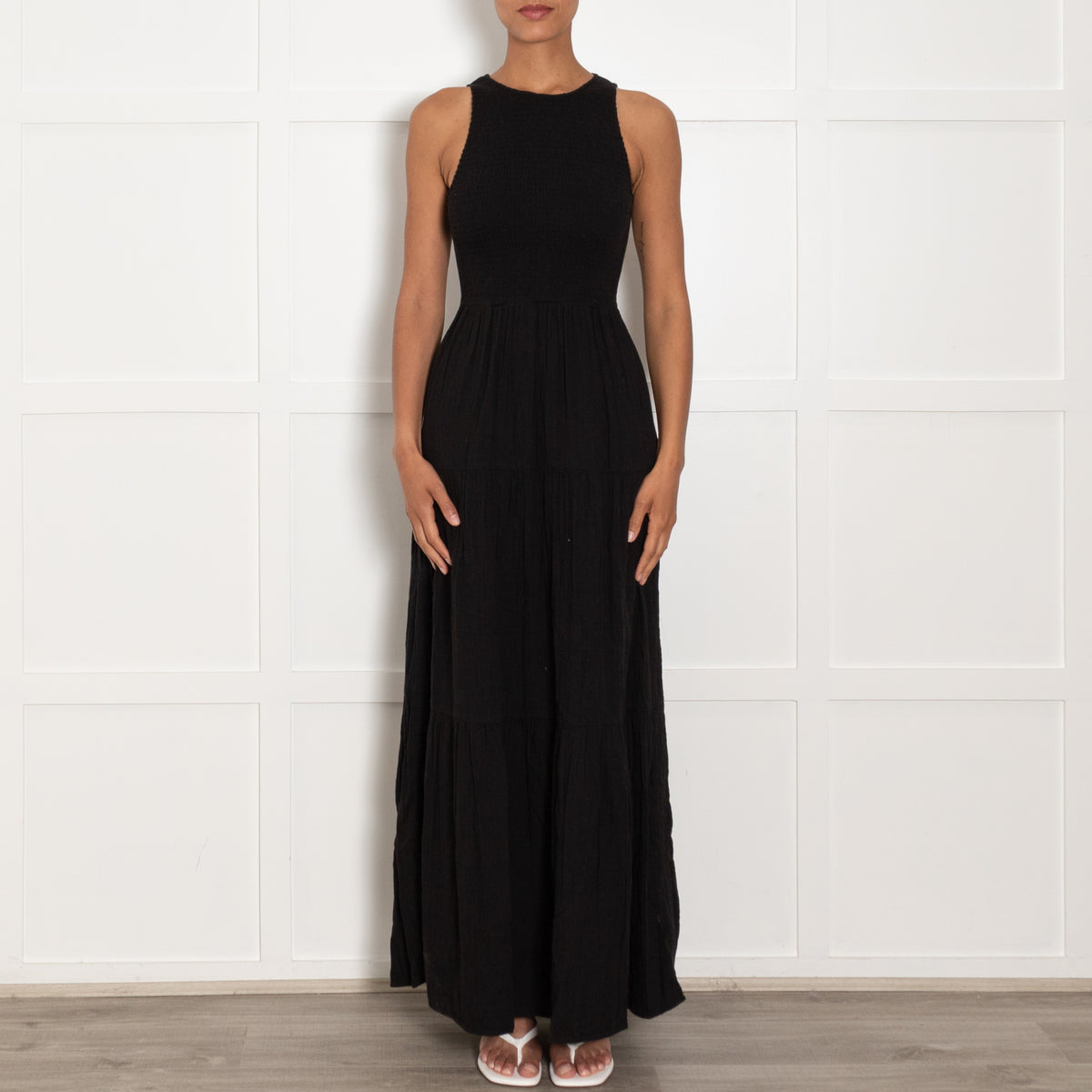 Me + Em Black Smocking Detail Sleeveless Cotton Maxi Dress UK 8