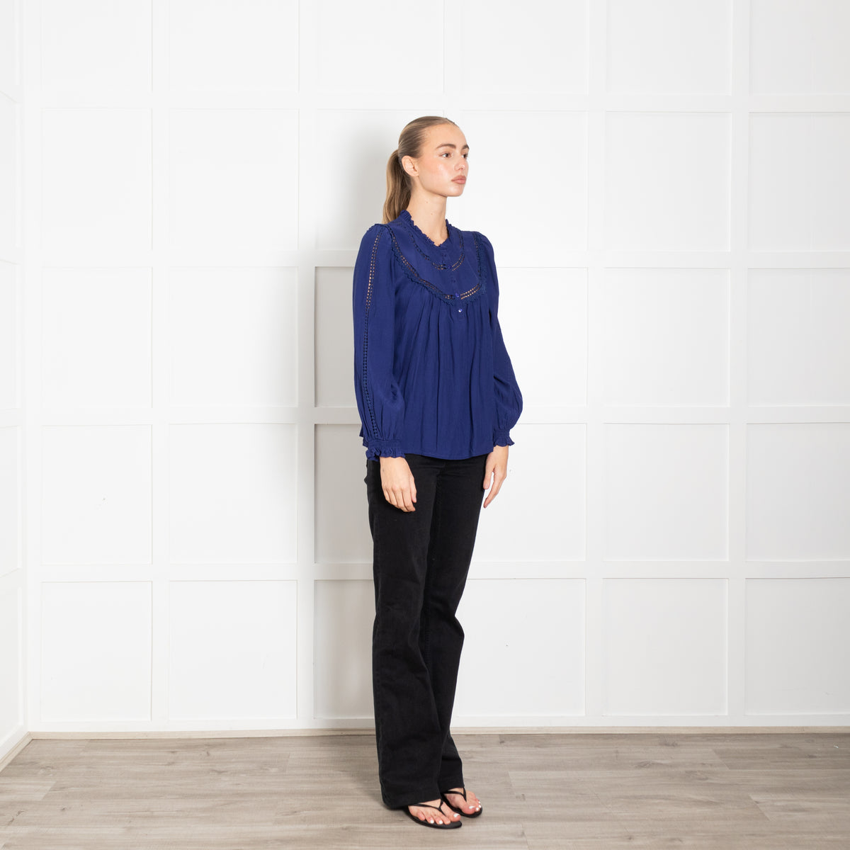 Aspiga Royal Blue Frill Detail 3/4 Button Top