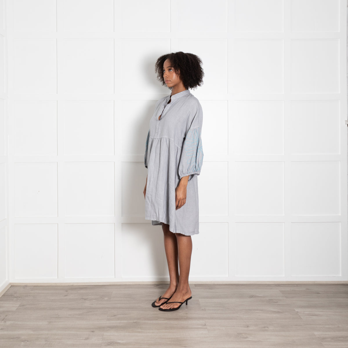 Moraitis Grey Linen Dress With Turqauoise Embroidered Sleeves