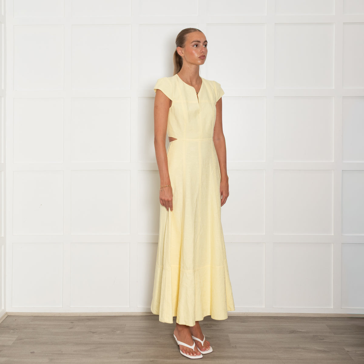 Me + Em Yellow Textured Midi Dress with Cutout Back