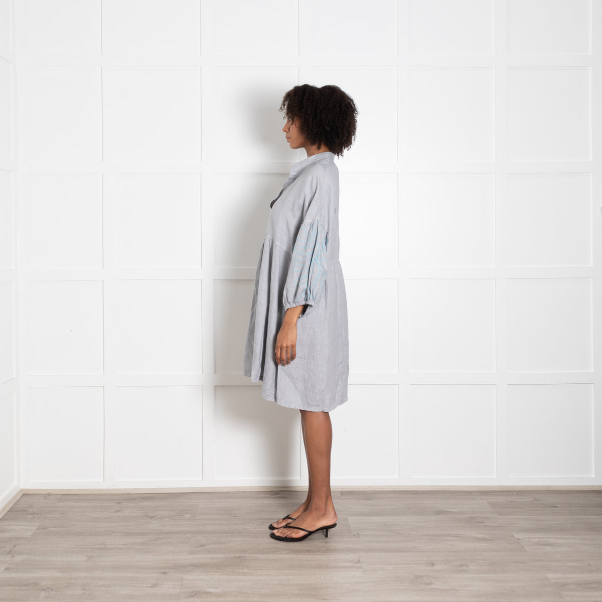 Moraitis Grey Linen Dress With Turqauoise Embroidered Sleeves