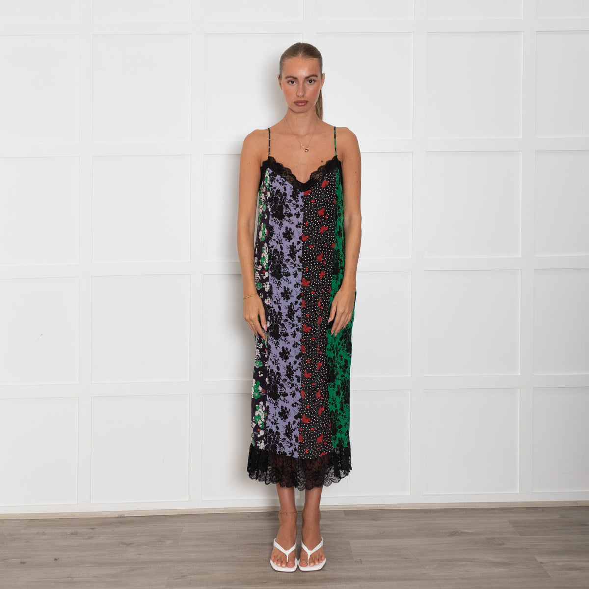 Rixo Black Green Purple Floral Silk Sleeveless Dress