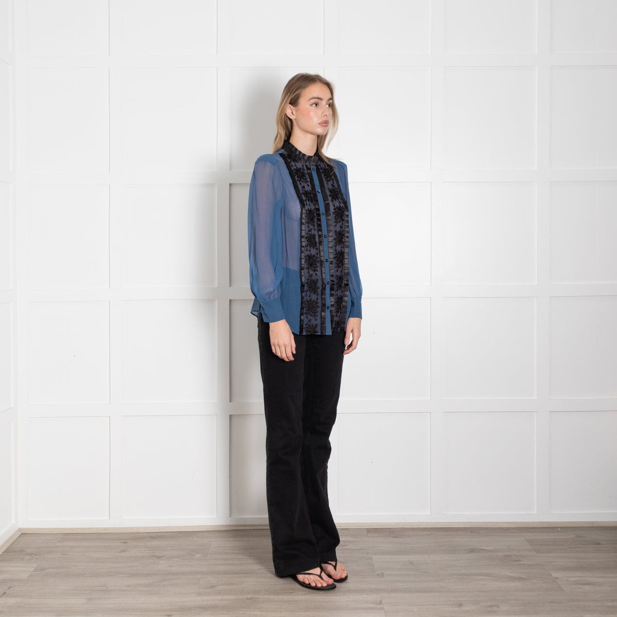 Alice By Temperley Blue Sheer Shirt With Black Embroidered Front
