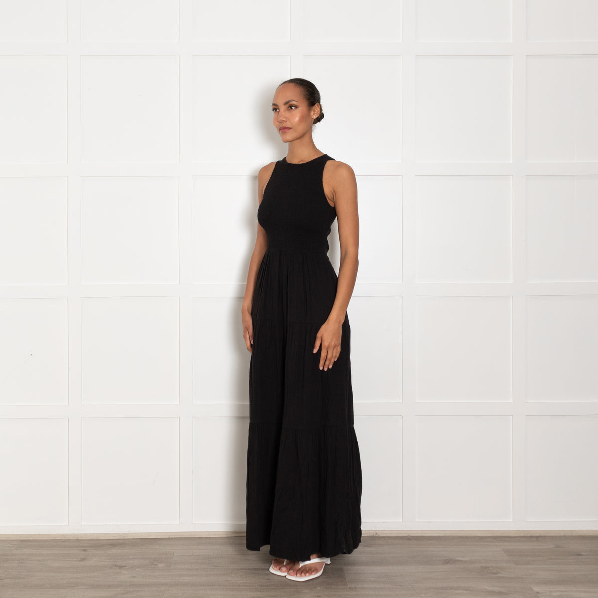 Me + Em Black Smocking Detail Sleeveless Cotton Maxi Dress UK 8