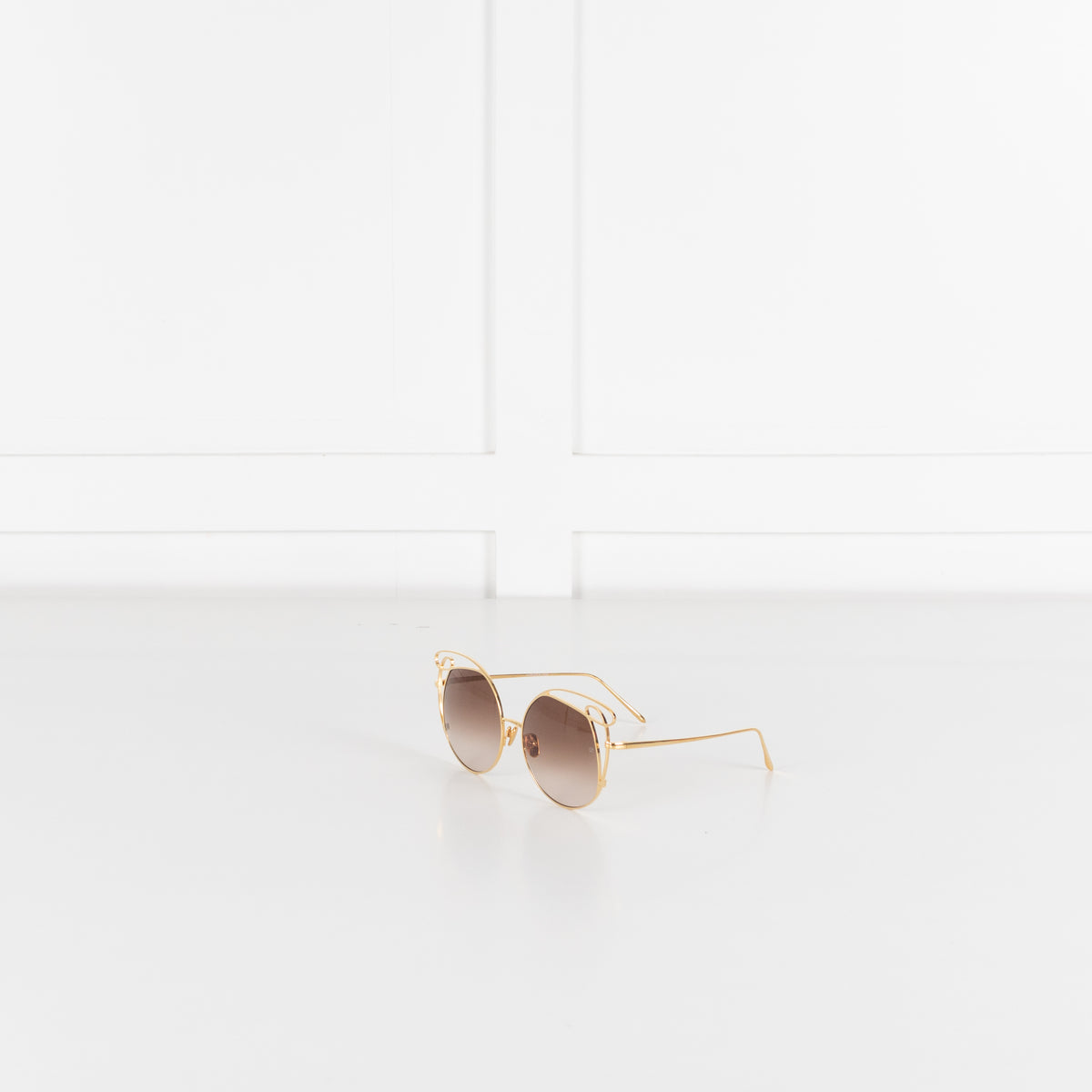 Linda Farrow Gold Titanium Cateye Sunglasses with Brown Lenses