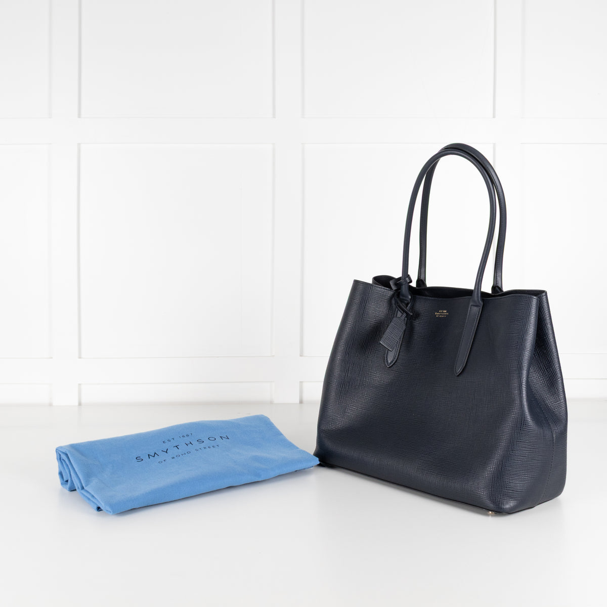 Smythson Ludlow Navy Textured Leather Top Handle Tote Bag