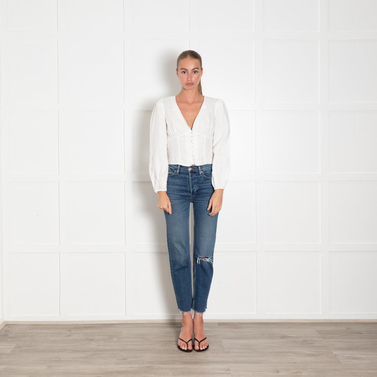 Reformation White Long Sleeve V Neck Linen Top