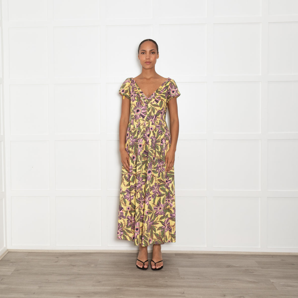 Red Valentino Yellow, Green and Pink Flower Print Midi Dress