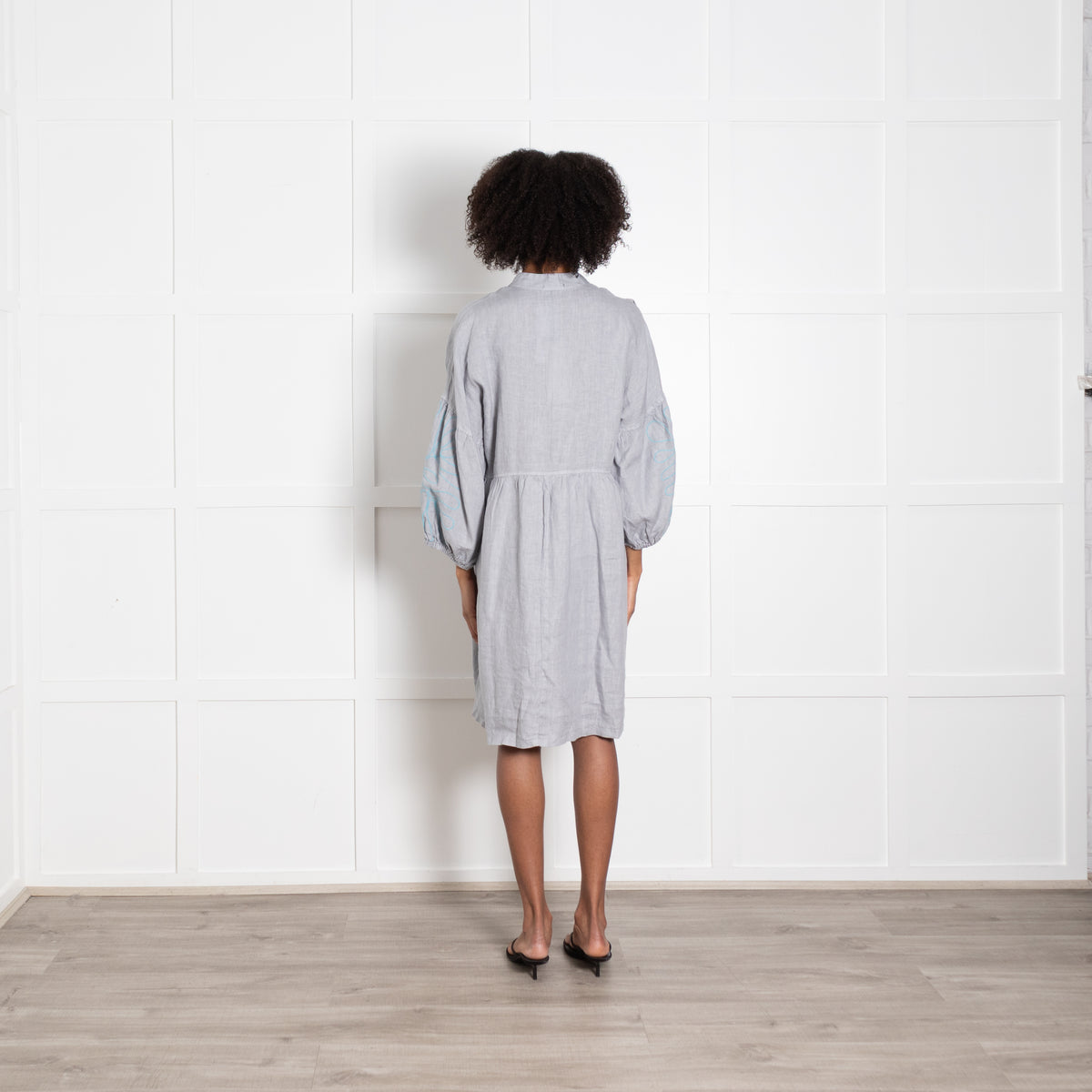 Moraitis Grey Linen Dress With Turqauoise Embroidered Sleeves