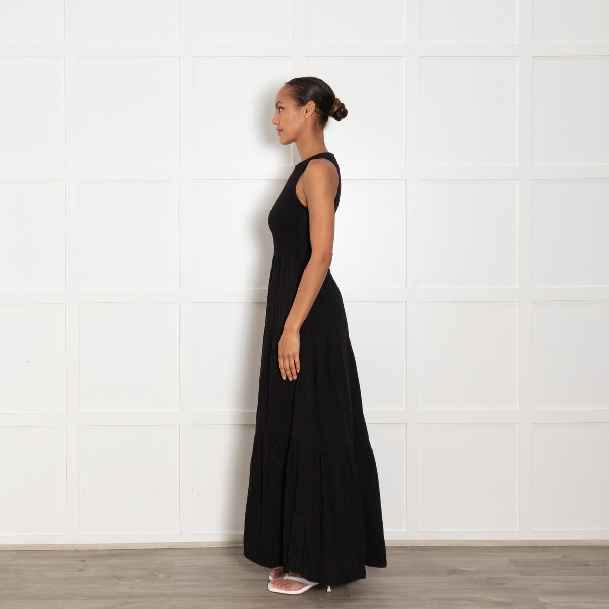 Me + Em Black Smocking Detail Sleeveless Cotton Maxi Dress UK 8