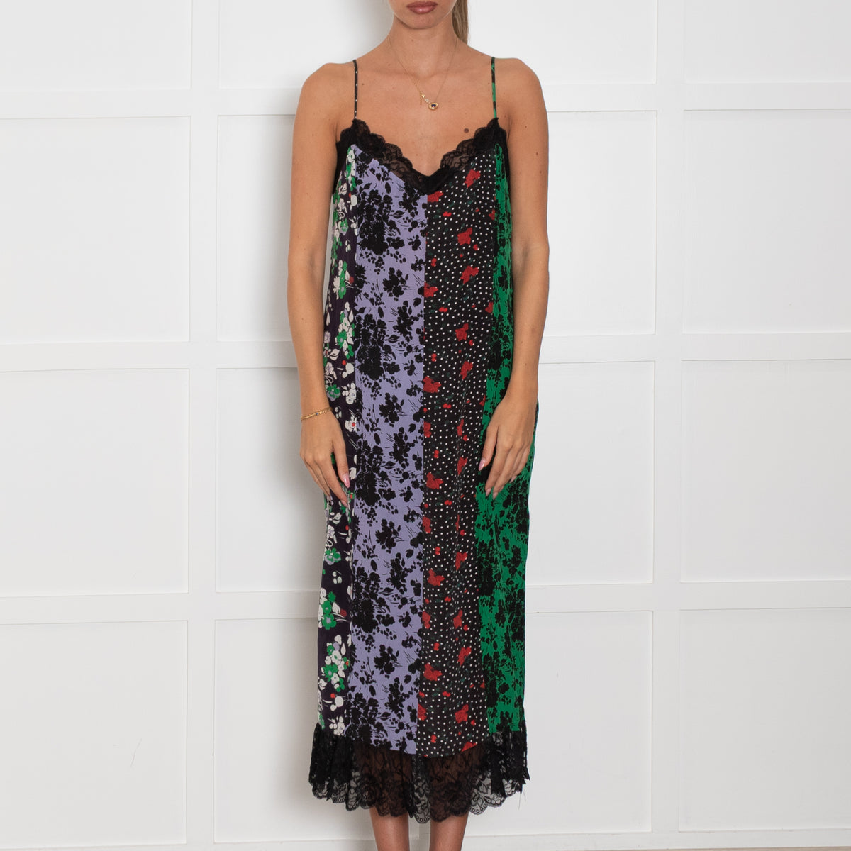 Rixo Black Green Purple Floral Silk Sleeveless Dress
