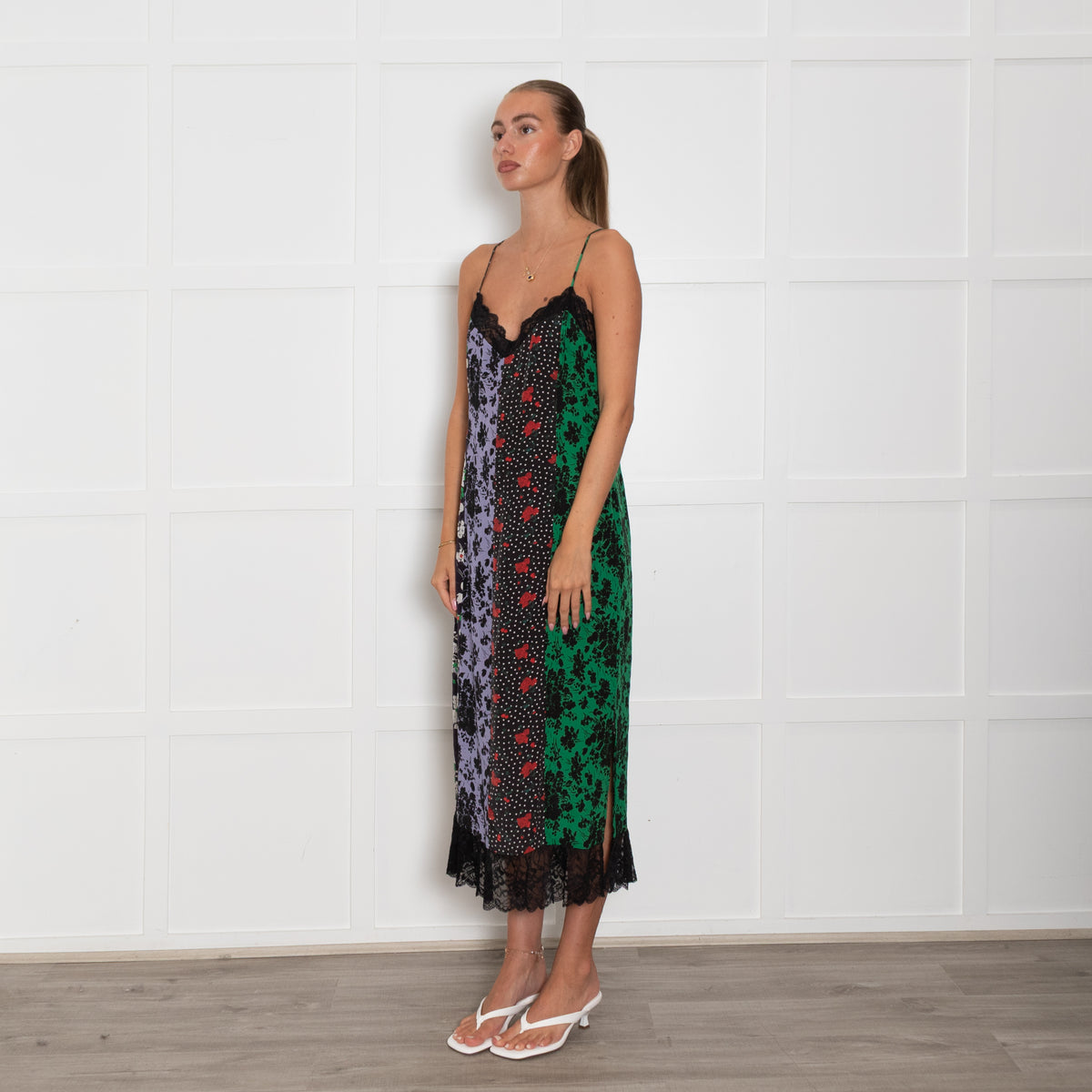 Rixo Black Green Purple Floral Silk Sleeveless Dress