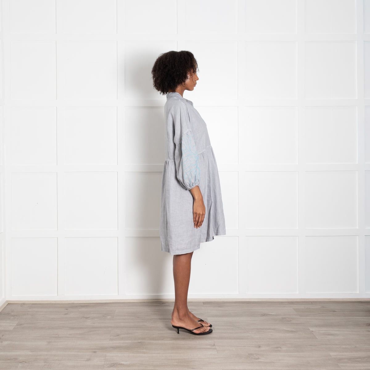 Moraitis Grey Linen Dress With Turqauoise Embroidered Sleeves