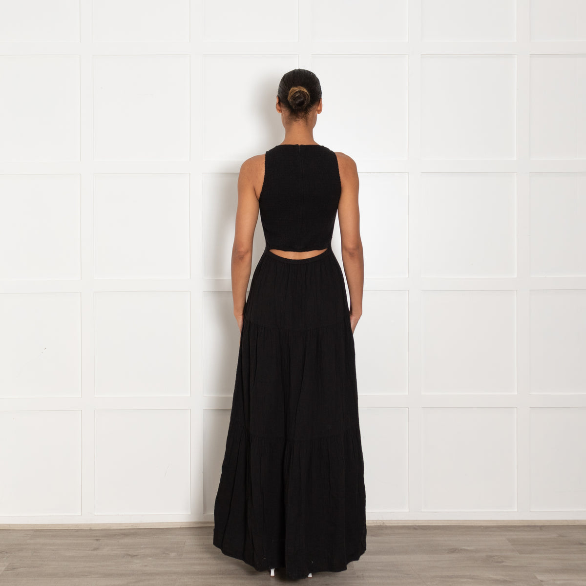 Me + Em Black Smocking Detail Sleeveless Cotton Maxi Dress UK 8
