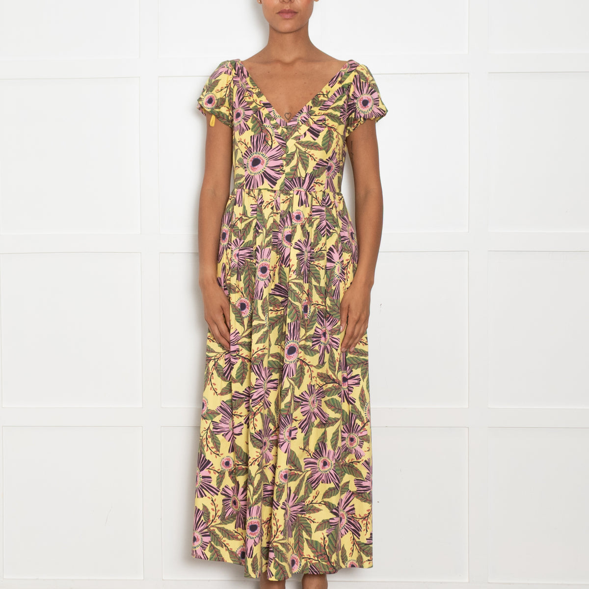 Red Valentino Yellow, Green and Pink Flower Print Midi Dress