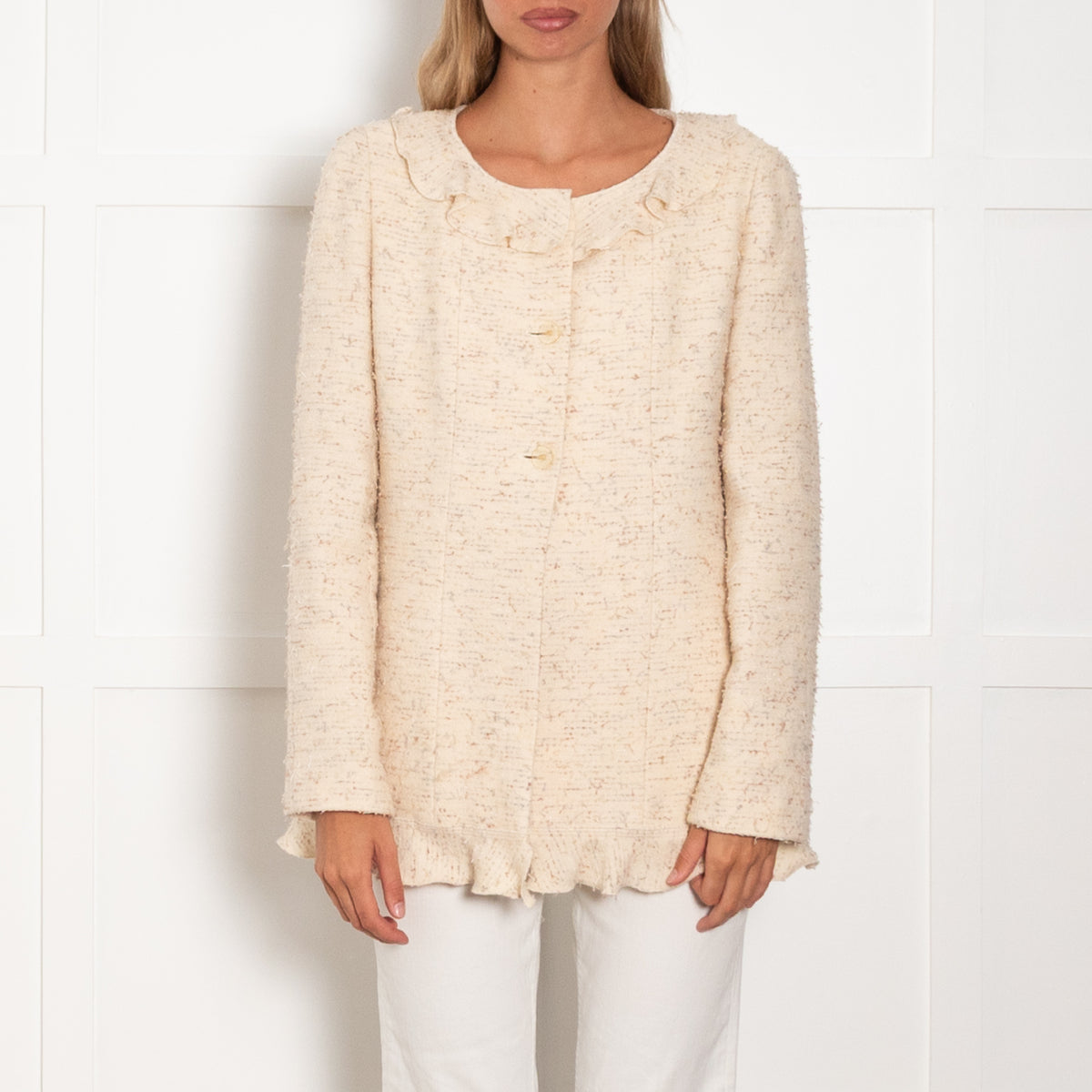 Chanel Vintage Cream Boucle Jacket With Frill Collar