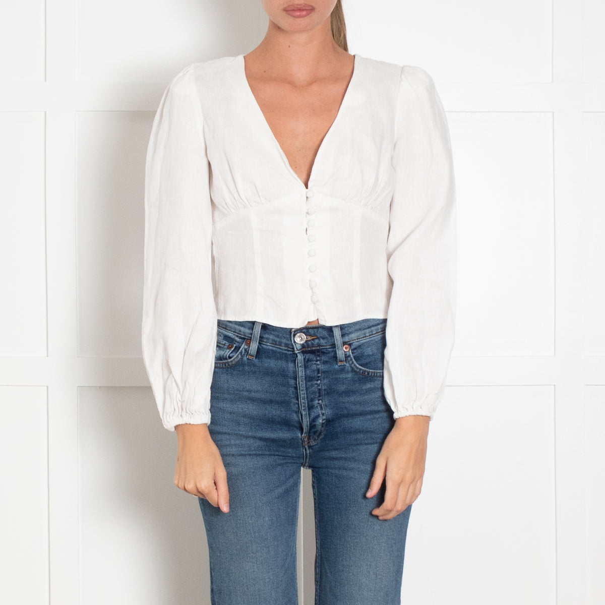 Reformation White Long Sleeve V Neck Linen Top