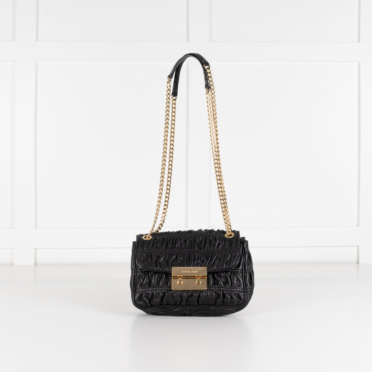 Michael Kors Black Leather Ruched Gold Chain Small Crossbody