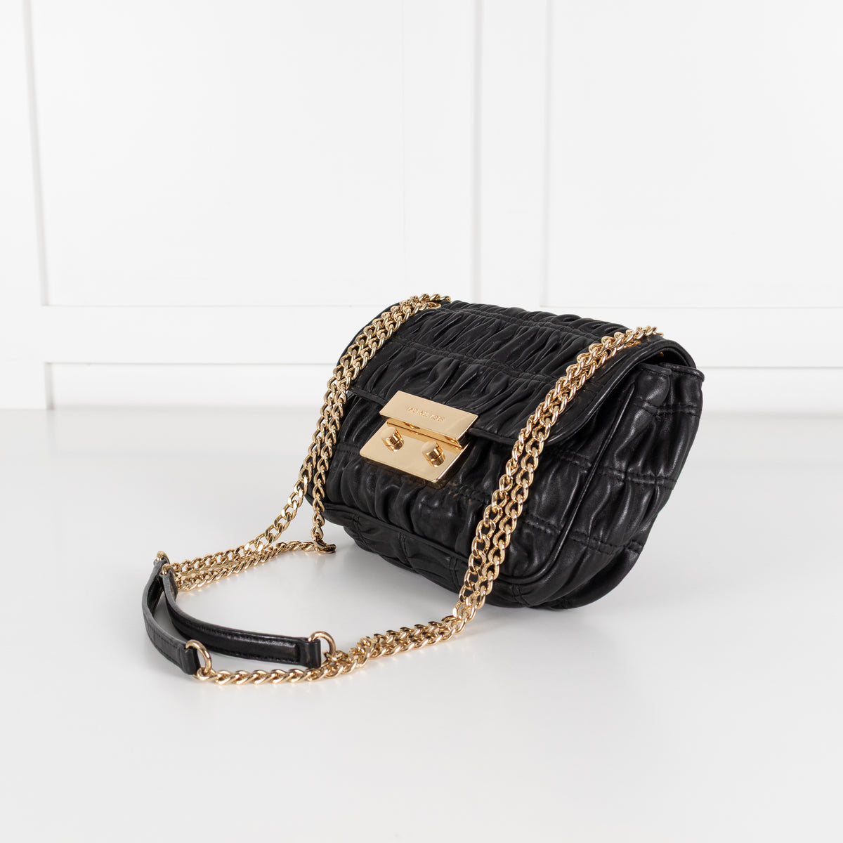 Michael Kors Black Leather Ruched Gold Chain Small Crossbody