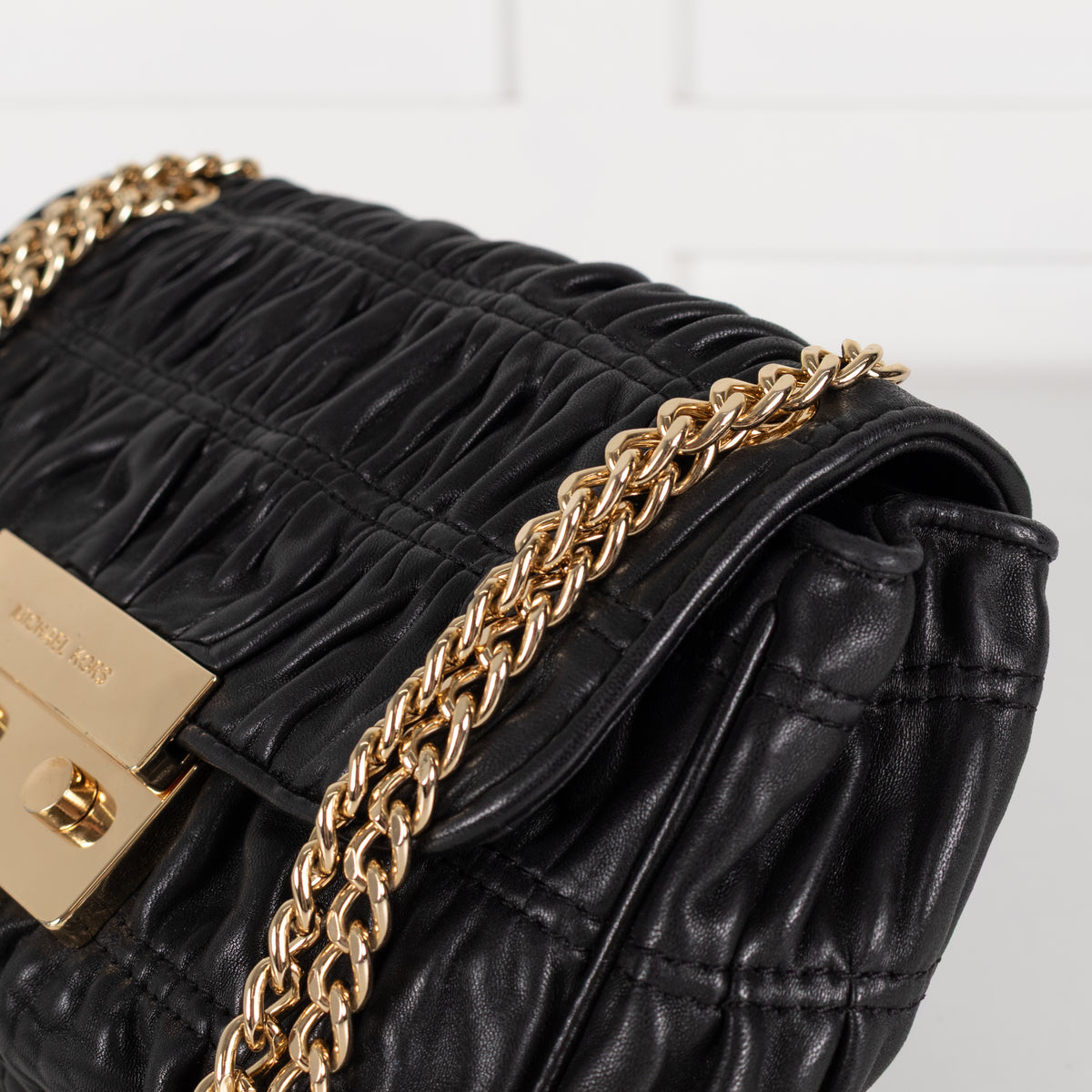 Michael Kors Black Leather Ruched Gold Chain Small Crossbody