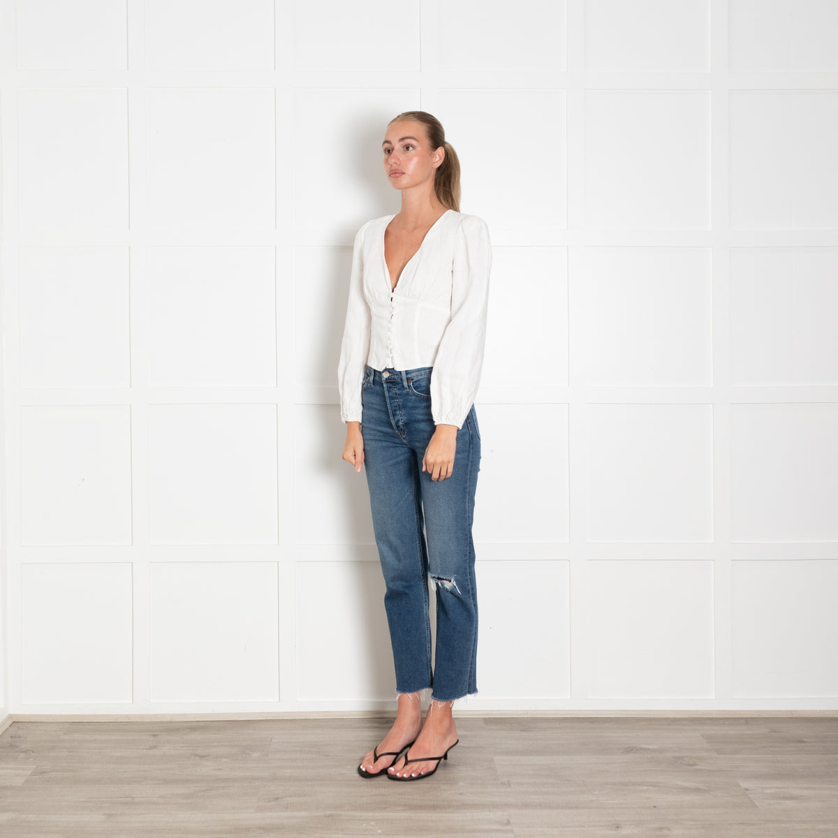 Reformation White Long Sleeve V Neck Linen Top