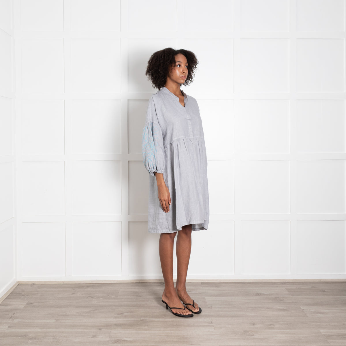 Moraitis Grey Linen Dress With Turqauoise Embroidered Sleeves