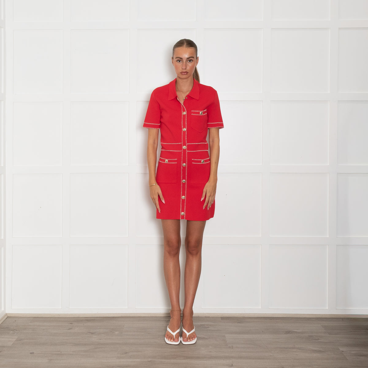 Maje Red Knit Collared Mini Dress with White Contrast Whip Stitch Detail