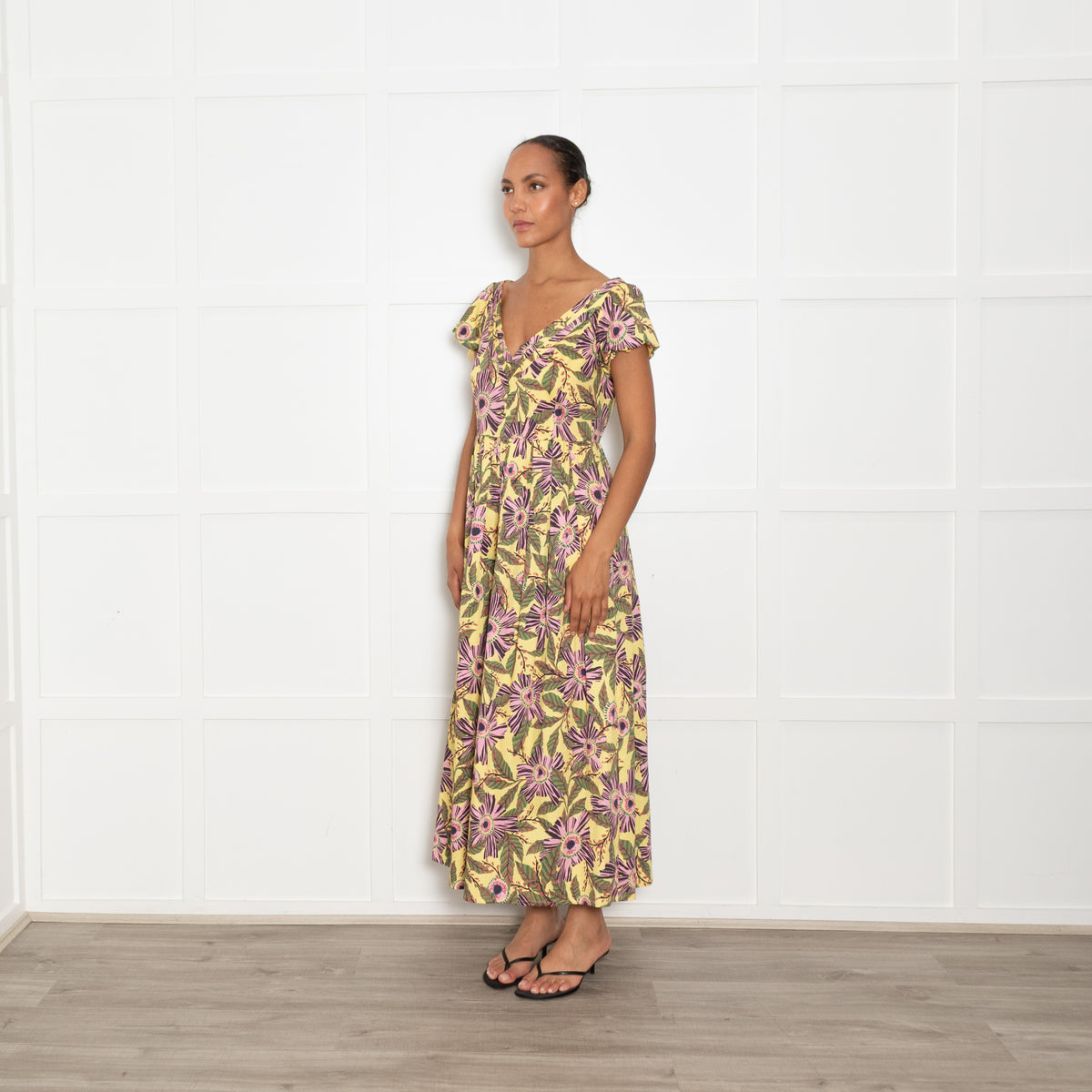 Red Valentino Yellow, Green and Pink Flower Print Midi Dress