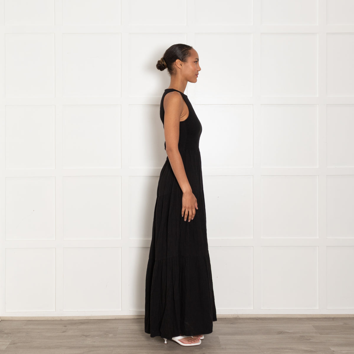 Me + Em Black Smocking Detail Sleeveless Cotton Maxi Dress UK 8