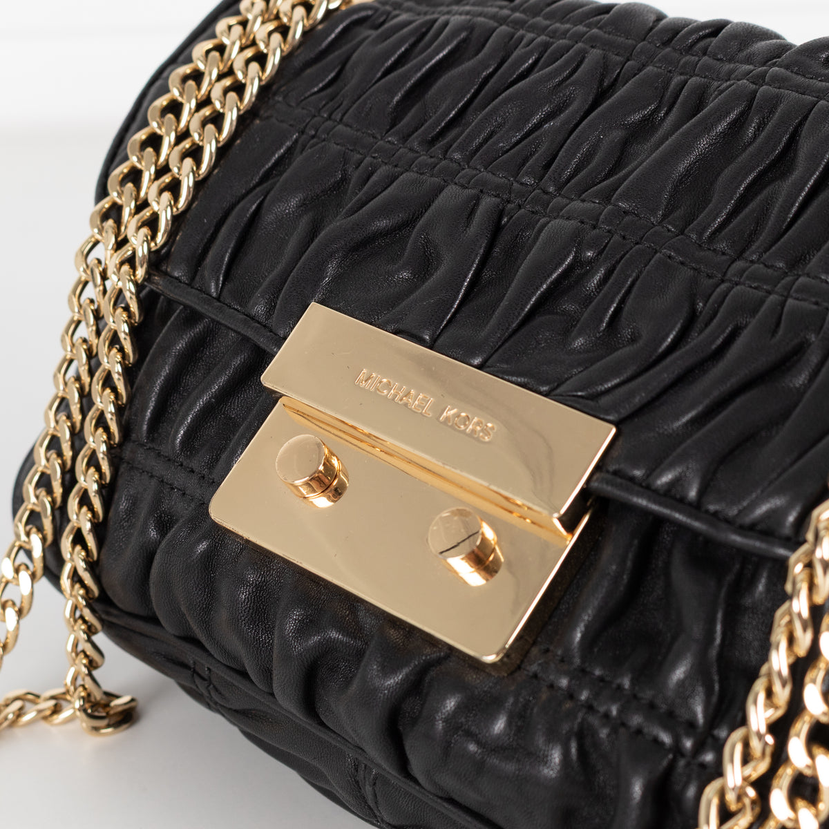 Michael Kors Black Leather Ruched Gold Chain Small Crossbody