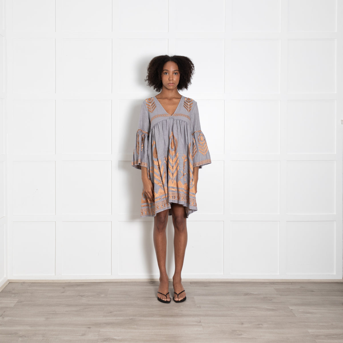 Greek Archaic Kori Grey & Bronze Short Dress