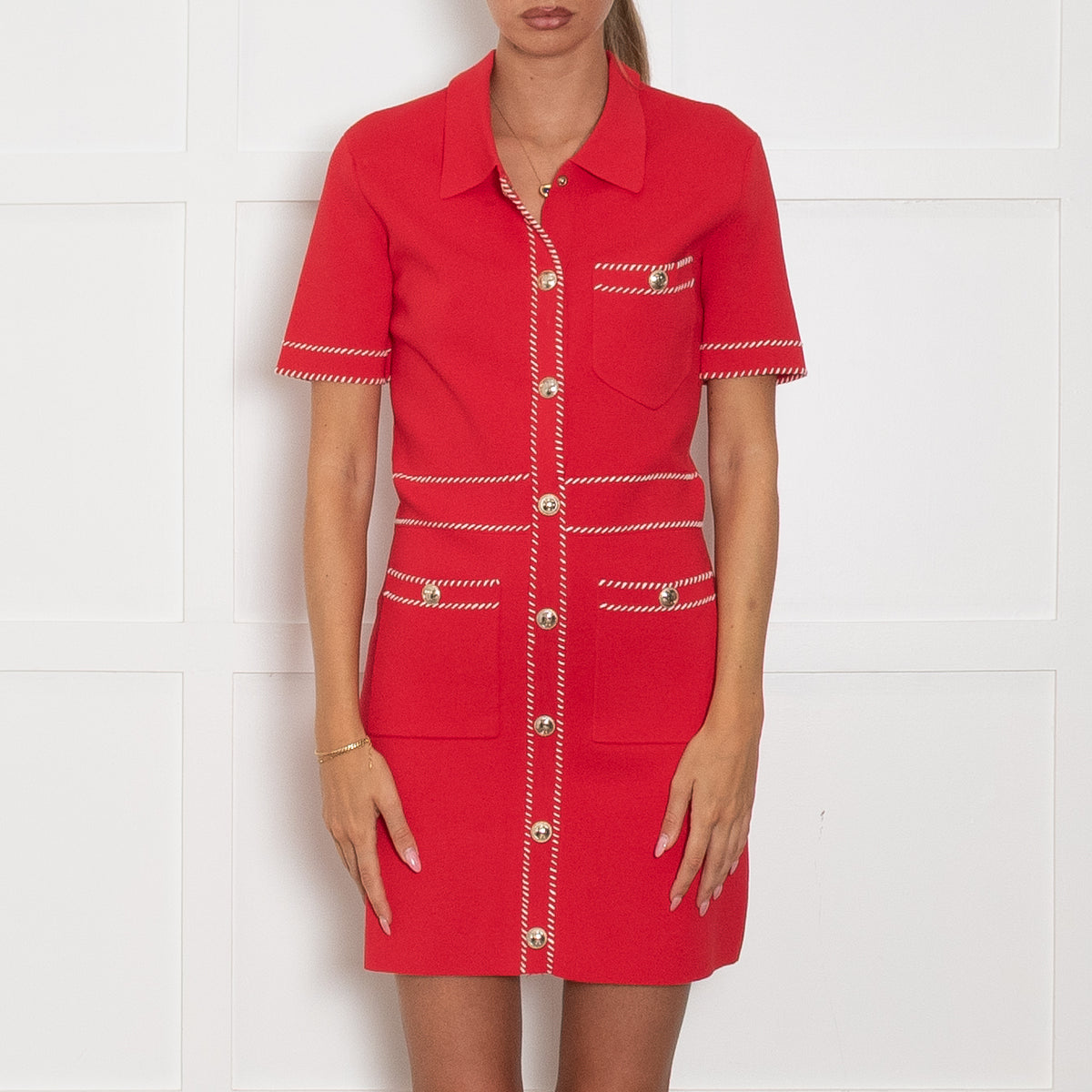 Maje Red Knit Collared Mini Dress with White Contrast Whip Stitch Detail