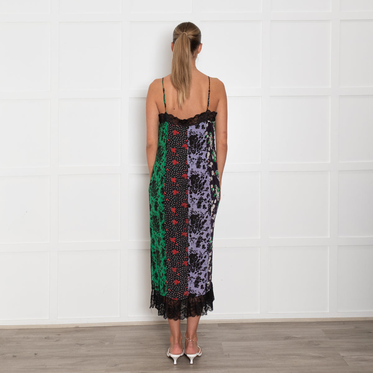 Rixo Black Green Purple Floral Silk Sleeveless Dress