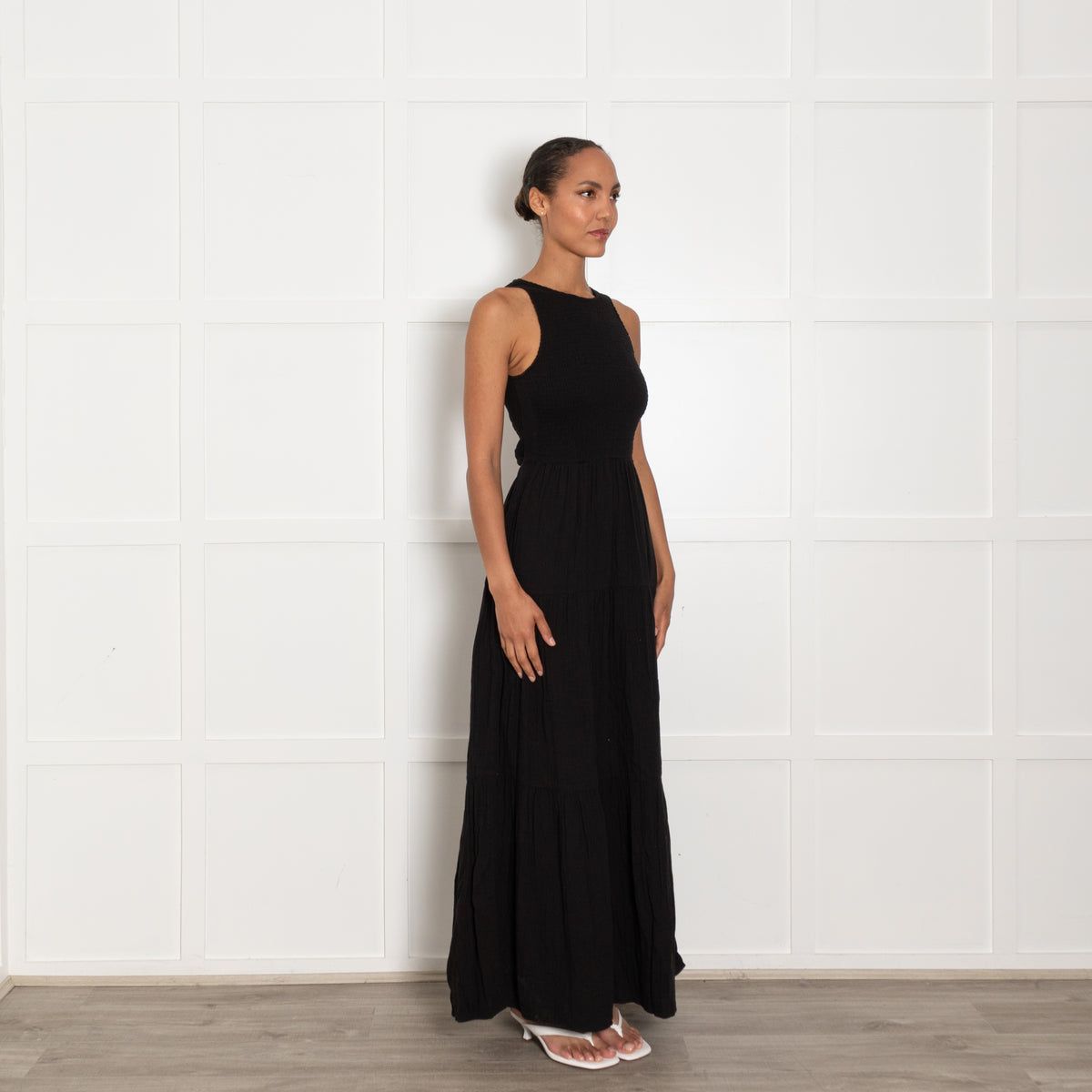 Me + Em Black Smocking Detail Sleeveless Cotton Maxi Dress UK 8