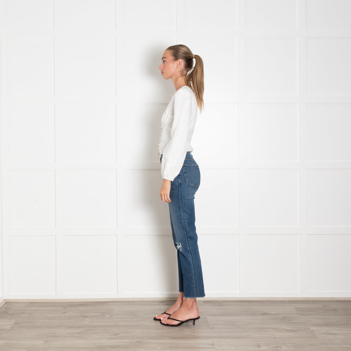 Reformation White Long Sleeve V Neck Linen Top