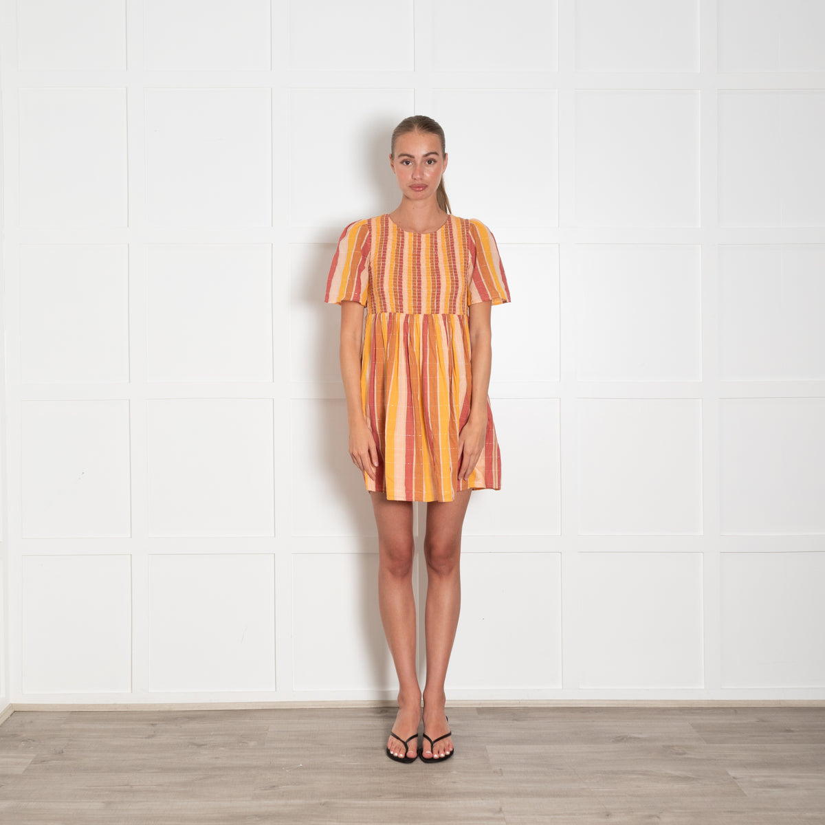 Sezane Yellow Brown Smocking Detail Short Sleeve Cotton Mini Dress