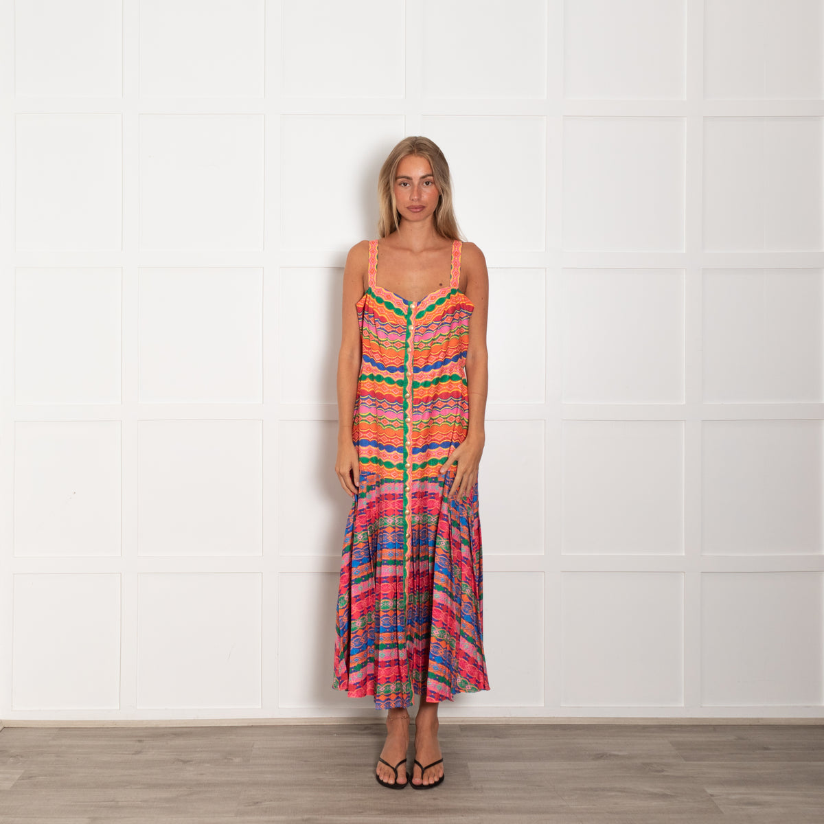Saloni Multicolour Geometric Print Pleated Sleeveless Dress