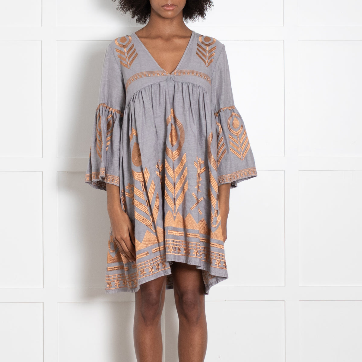 Greek Archaic Kori Grey & Bronze Short Dress