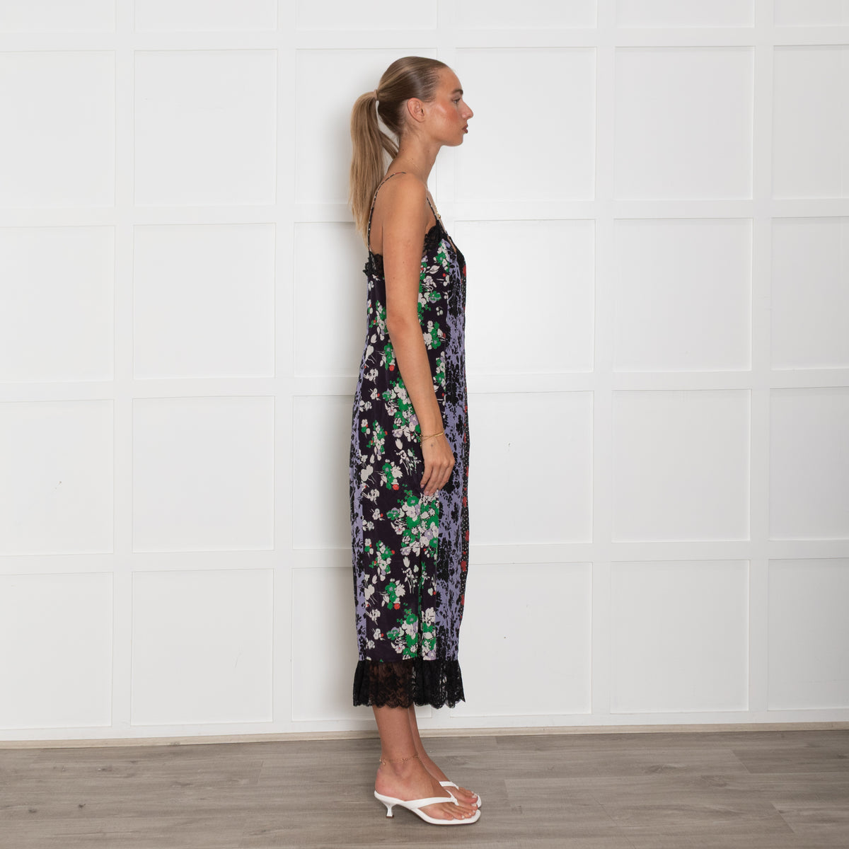 Rixo Black Green Purple Floral Silk Sleeveless Dress