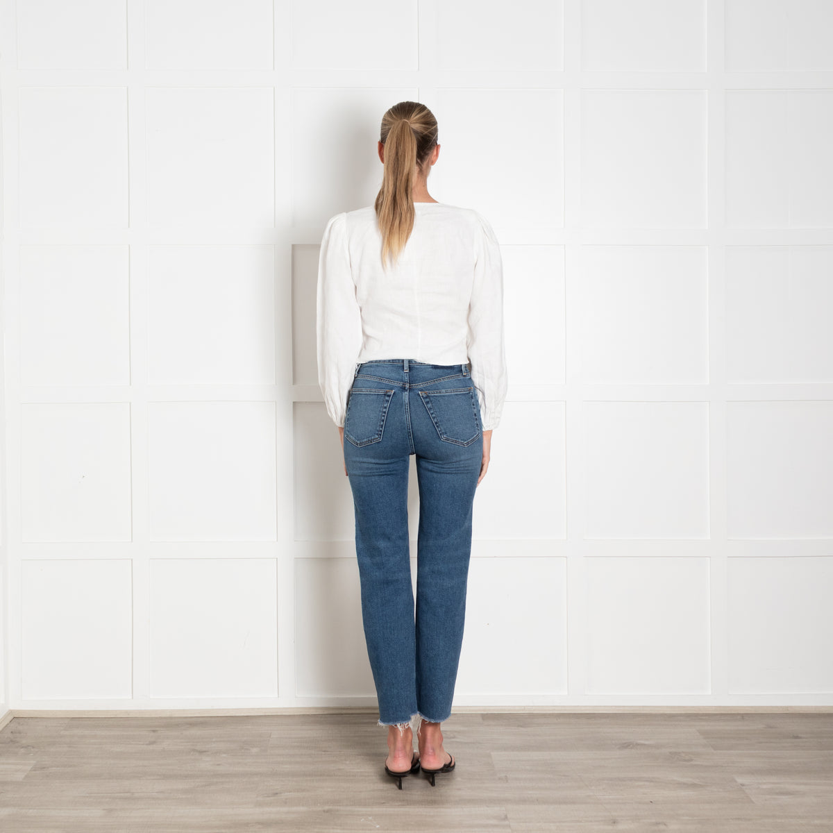 Reformation White Long Sleeve V Neck Linen Top
