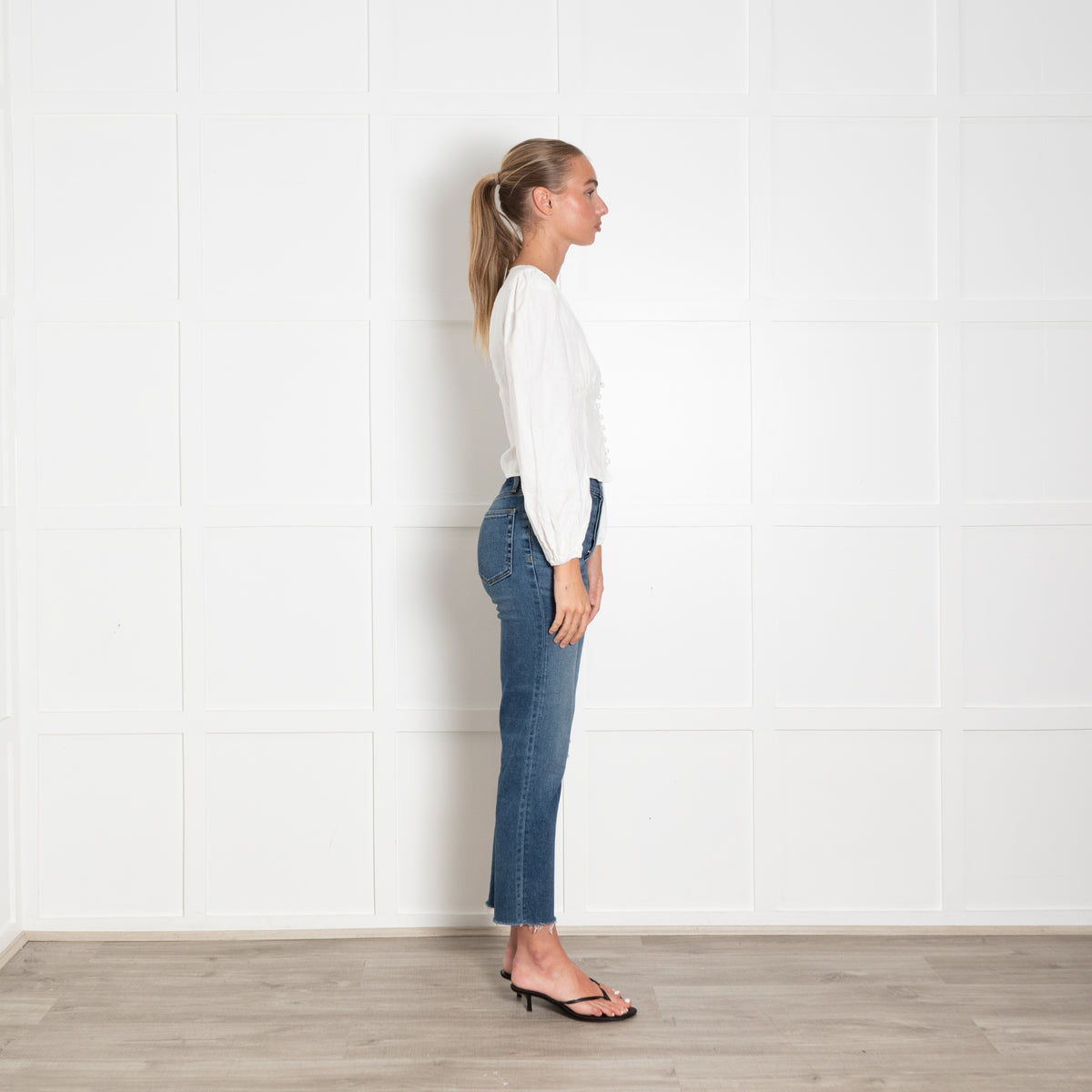 Reformation White Long Sleeve V Neck Linen Top
