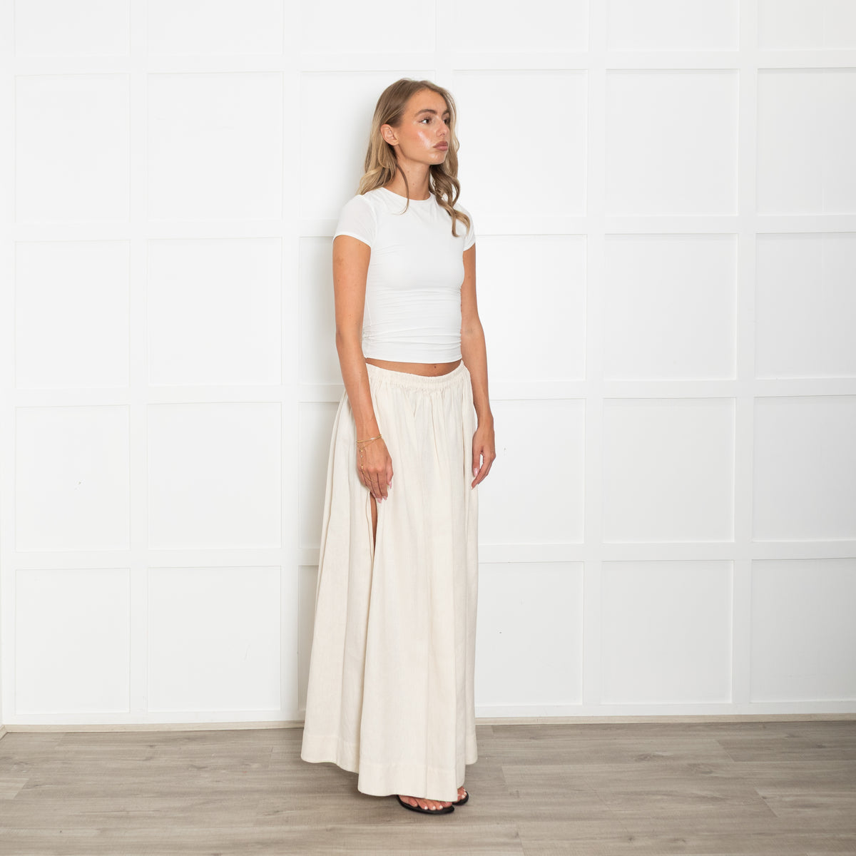 Matteau Cream Linen And Cotton Full Skirt With Side Splits