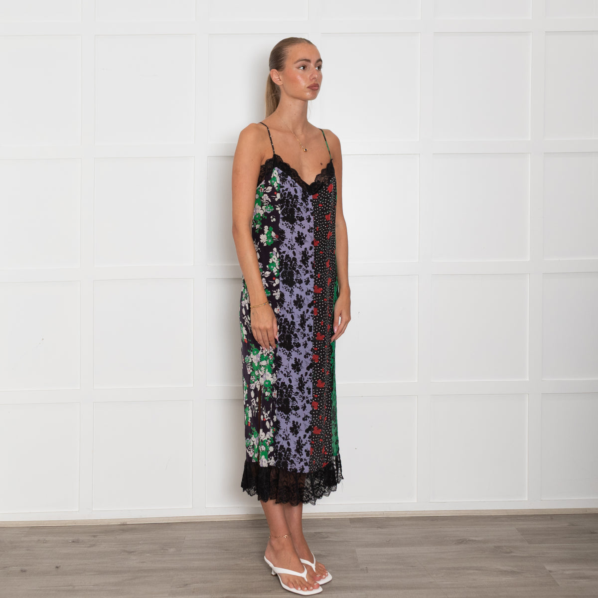 Rixo Black Green Purple Floral Silk Sleeveless Dress