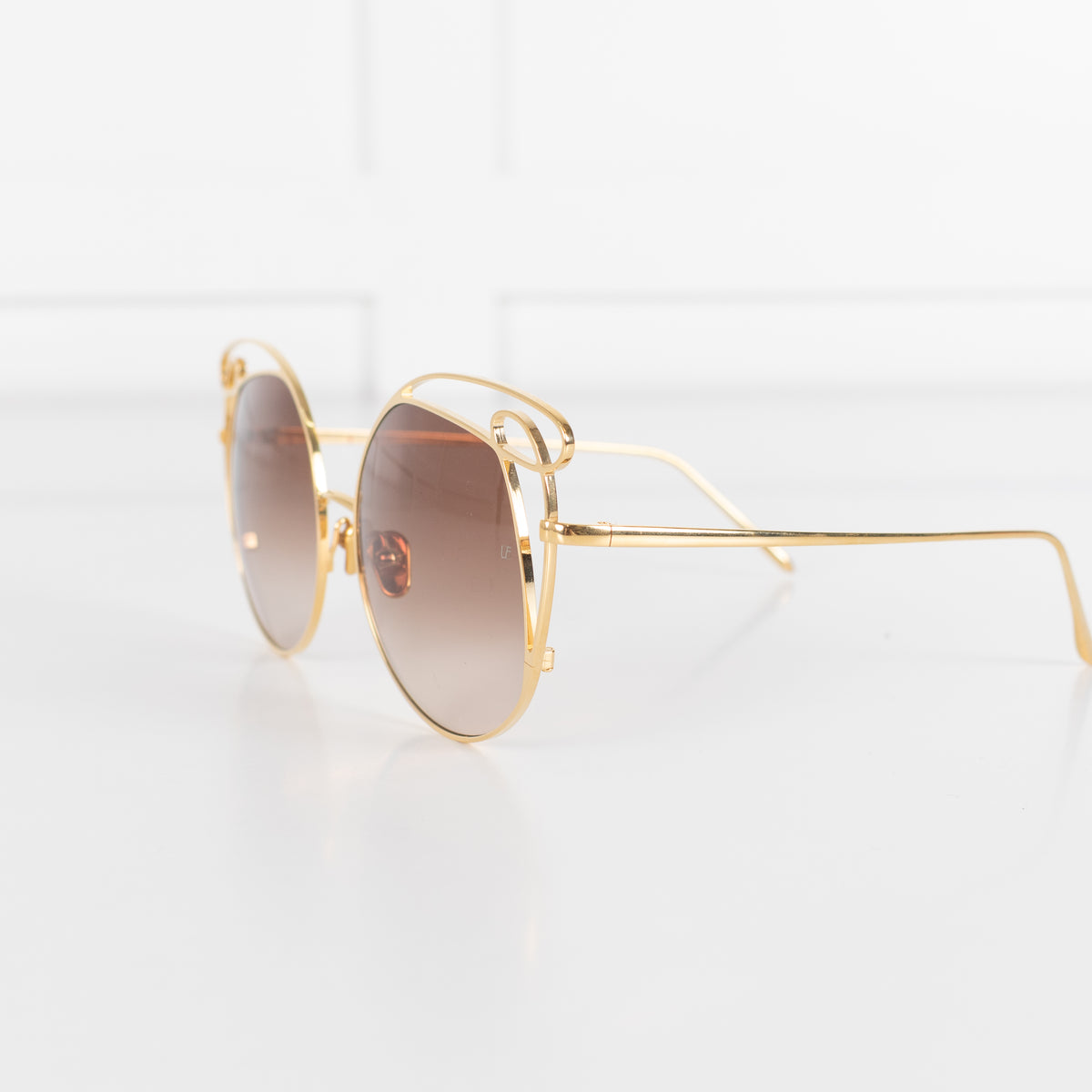 Linda Farrow Gold Titanium Cateye Sunglasses with Brown Lenses