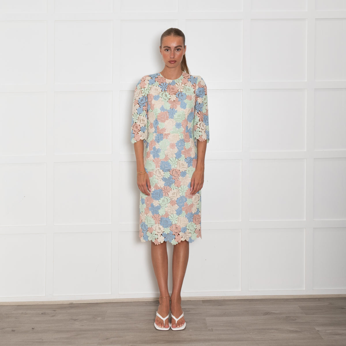 Dolce & Gabbana Pastel Pink , Blue Lace 3/4 Sleeve Dress