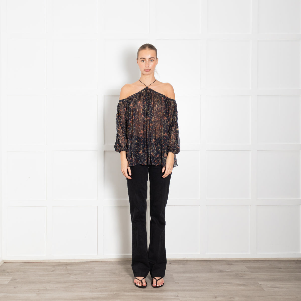 Zimmermann Blue Floral With Gold Thread Halter Neck Top