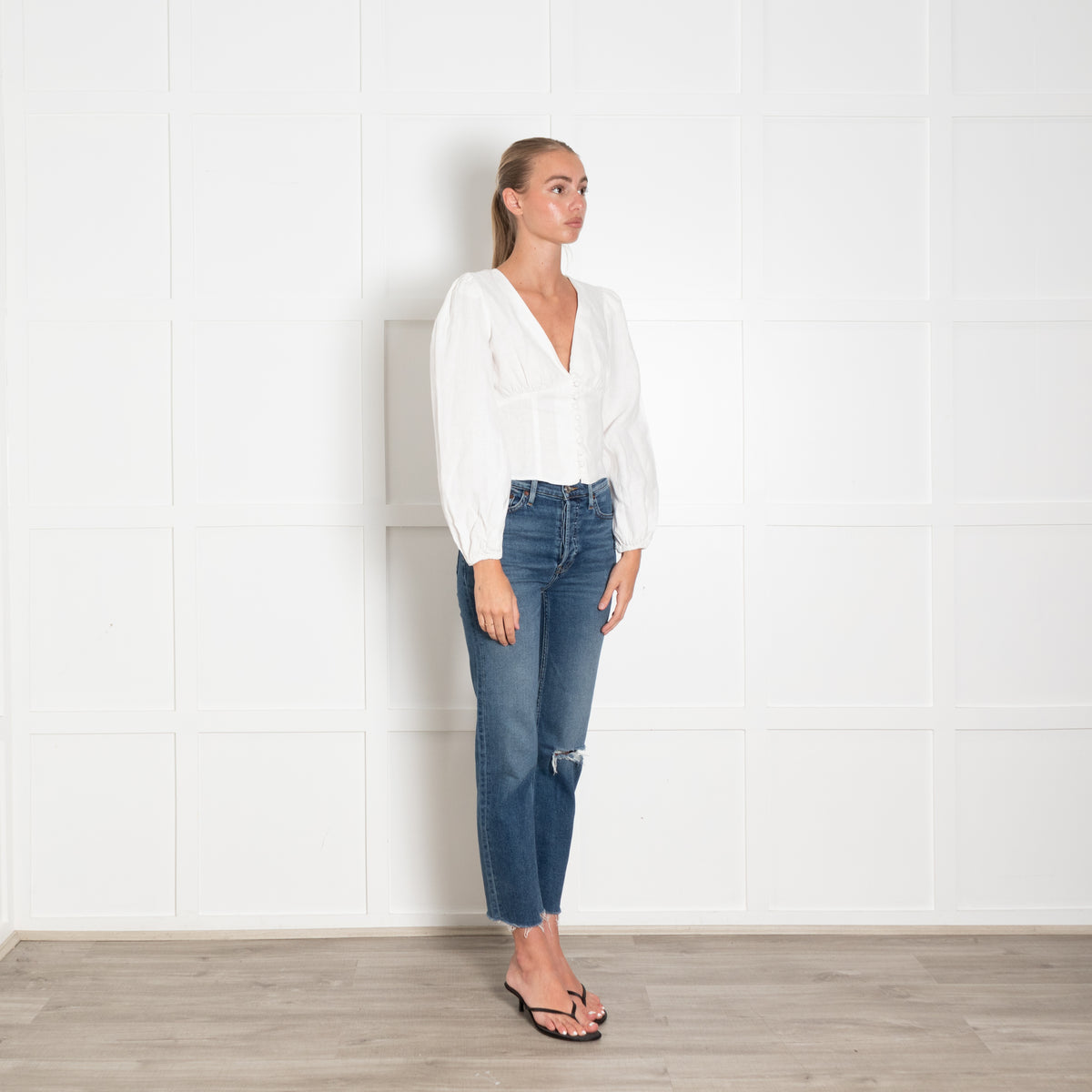 Reformation White Long Sleeve V Neck Linen Top