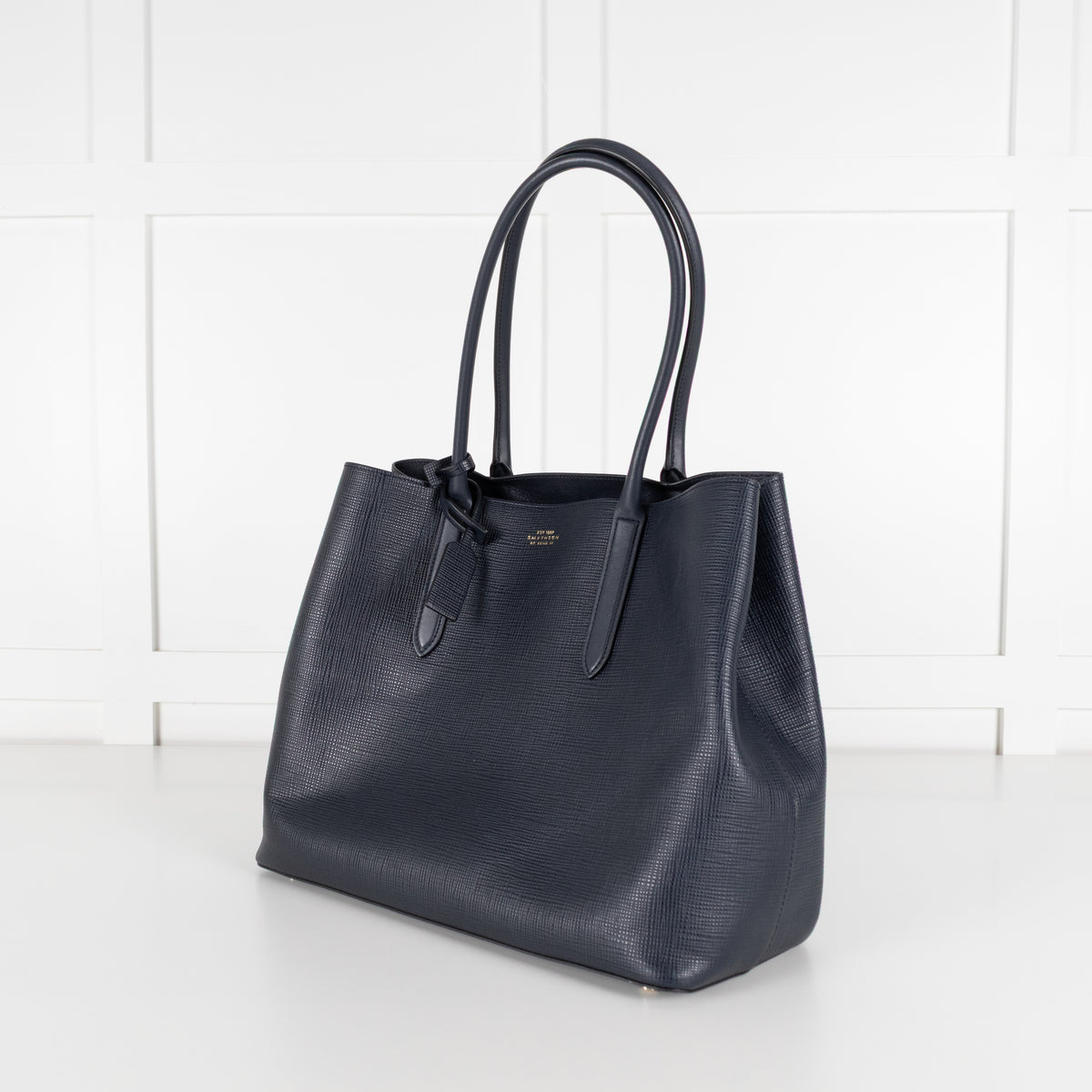Smythson Ludlow Navy Textured Leather Top Handle Tote Bag